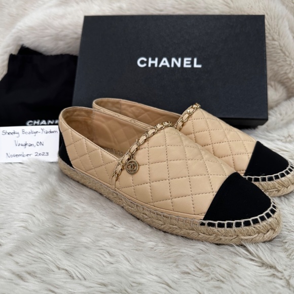 Chanel Beige & Black Chain Quilted Leather Espadrilles - Picture 7 of 14